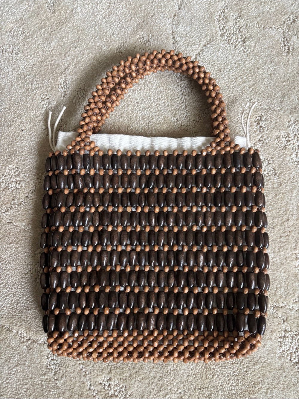 Handmade Wooden Bead Mini Tote – Two-Tone Brown & Tan
